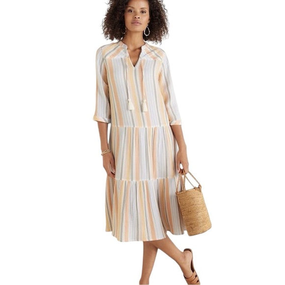 SOFT SURROUNDINGS Striped Gauze Tasseled Midi Smock Dress - Picture 1 of 9